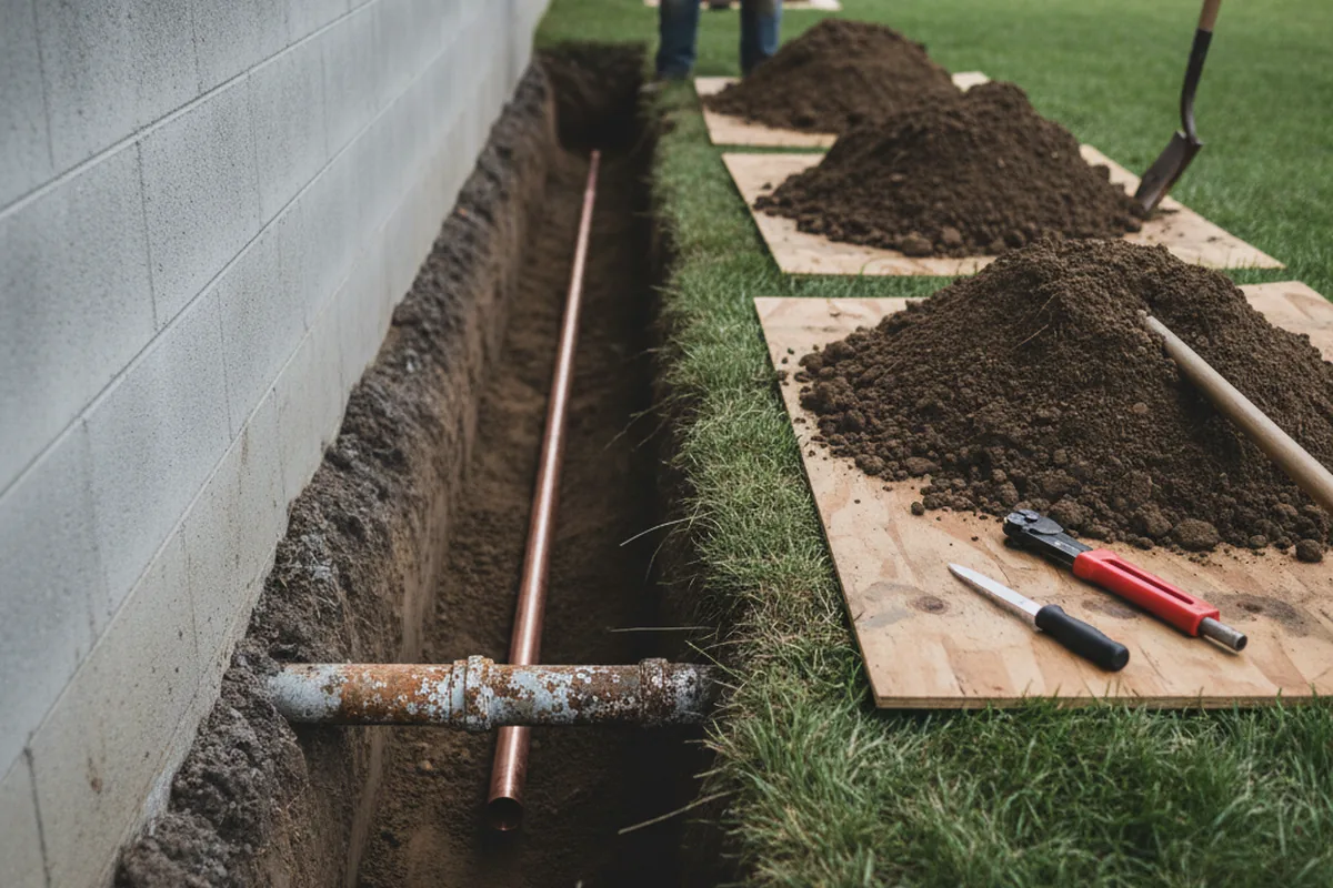 Excavated water line trench during Water Softener Installation in Speer
